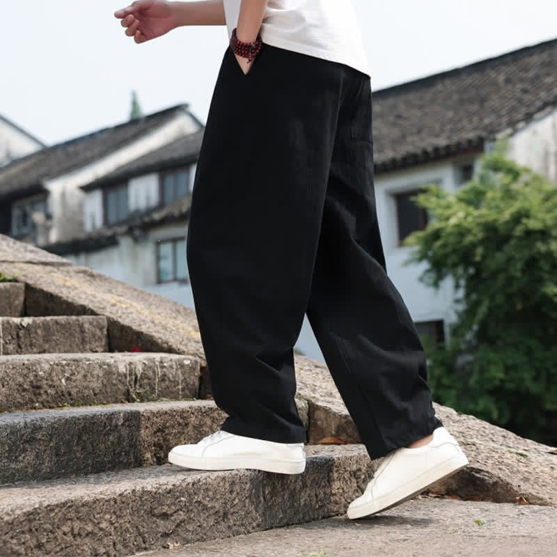 Buddha Stones Pantaloni lunghi estivi casual minimalisti con coulisse in cotone tinta unita da uomo, modello harem con tasca - image 17