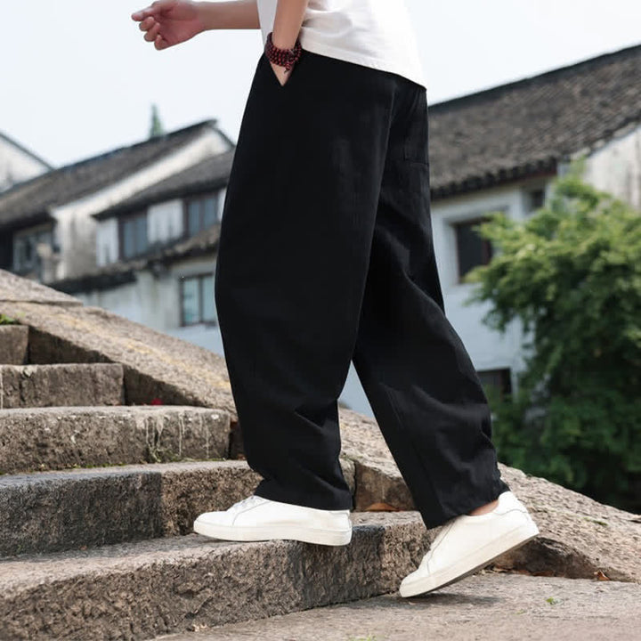 Buddha Stones Pantaloni lunghi estivi casual minimalisti con coulisse in cotone tinta unita da uomo, modello harem con tasca - image 17