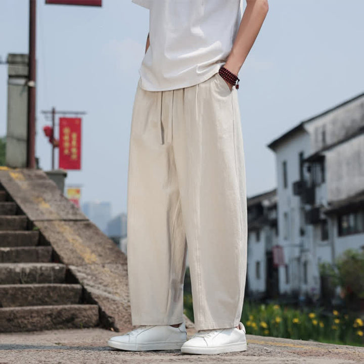 Buddha Stones Pantaloni lunghi estivi casual minimalisti con coulisse in cotone tinta unita da uomo, modello harem con tasca - image 34