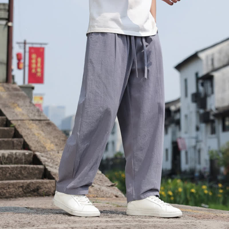 Buddha Stones Pantaloni lunghi estivi casual minimalisti con coulisse in cotone tinta unita da uomo, modello harem con tasca - image 7