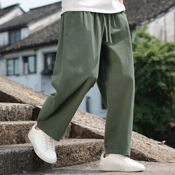Buddha Stones Pantaloni lunghi estivi casual minimalisti con coulisse in cotone tinta unita da uomo, modello harem con tasca - image 29