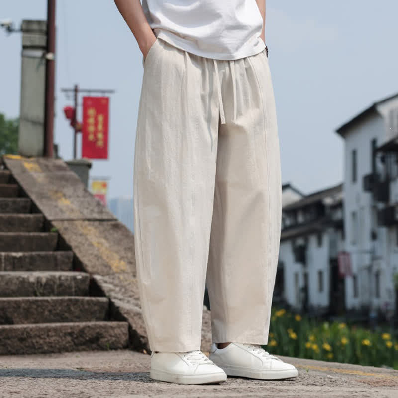 Buddha Stones Pantaloni lunghi estivi casual minimalisti con coulisse in cotone tinta unita da uomo, modello harem con tasca - image 33