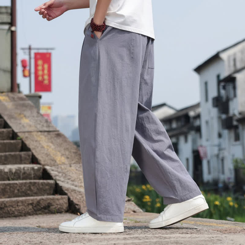 Buddha Stones Pantaloni lunghi estivi casual minimalisti con coulisse in cotone tinta unita da uomo, modello harem con tasca - image 4