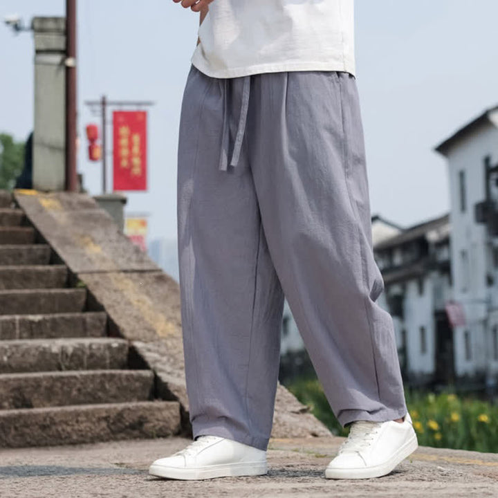 Buddha Stones Pantaloni lunghi estivi casual minimalisti con coulisse in cotone tinta unita da uomo, modello harem con tasca - image 6