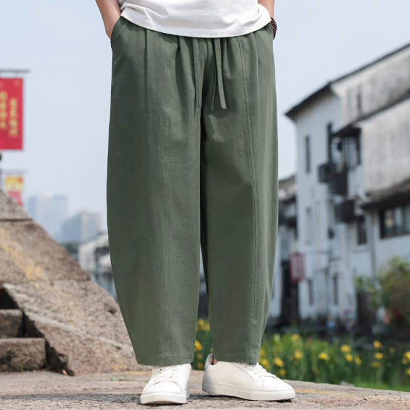 Buddha Stones Pantaloni lunghi estivi casual minimalisti con coulisse in cotone tinta unita da uomo, modello harem con tasca - image 28