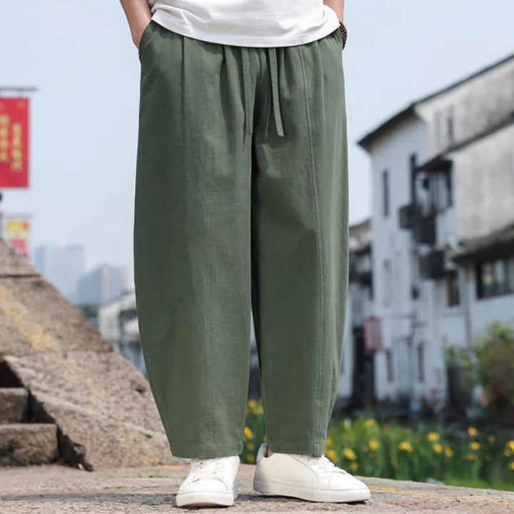 Buddha Stones Pantaloni lunghi estivi casual minimalisti con coulisse in cotone tinta unita da uomo, modello harem con tasca - image 28