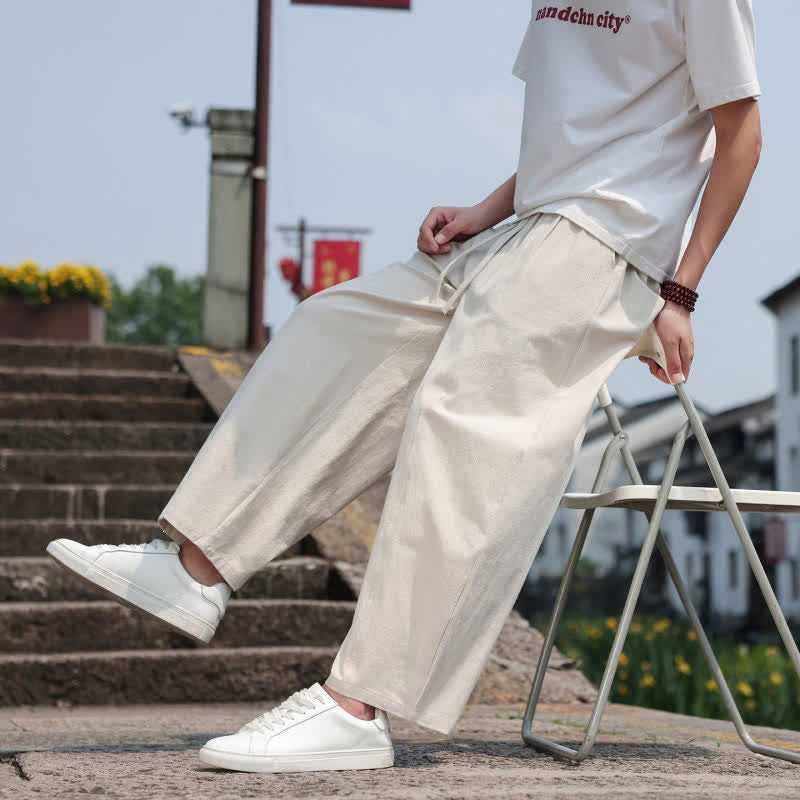 Buddha Stones Pantaloni lunghi estivi casual minimalisti con coulisse in cotone tinta unita da uomo, modello harem con tasca - image 38