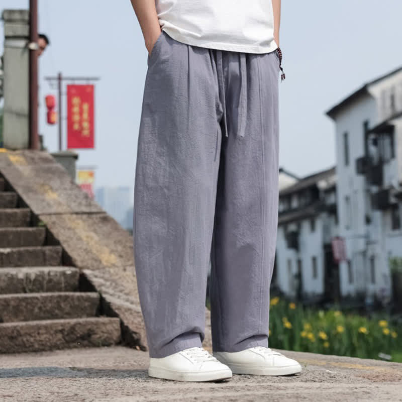 Buddha Stones Pantaloni lunghi estivi casual minimalisti con coulisse in cotone tinta unita da uomo, modello harem con tasca - image 3