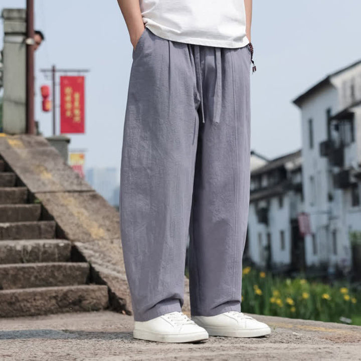 Buddha Stones Pantaloni lunghi estivi casual minimalisti con coulisse in cotone tinta unita da uomo, modello harem con tasca - image 3