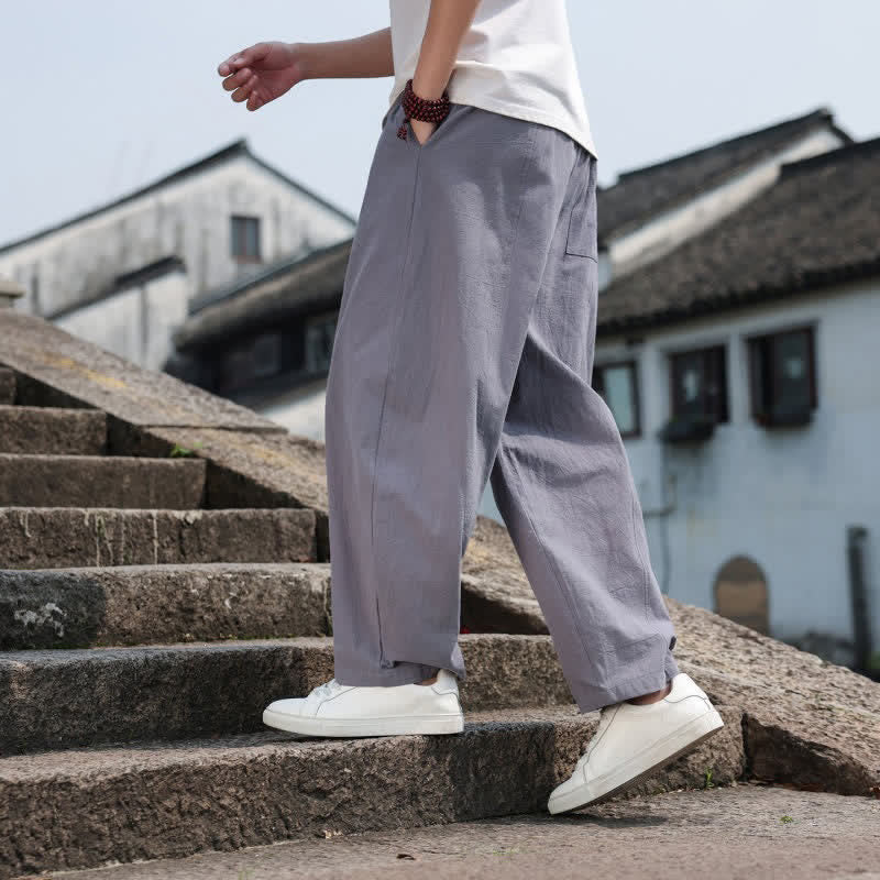 Buddha Stones Pantaloni lunghi estivi casual minimalisti con coulisse in cotone tinta unita da uomo, modello harem con tasca - image 5