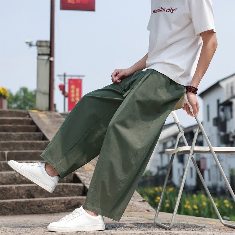 Buddha Stones Pantaloni lunghi estivi casual minimalisti con coulisse in cotone tinta unita da uomo, modello harem con tasca - image 31