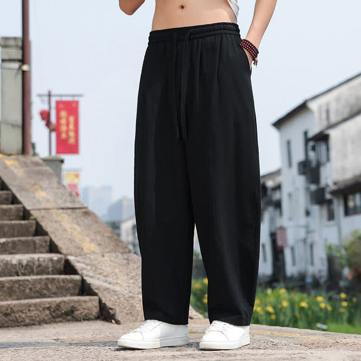 Buddha Stones Pantaloni lunghi estivi casual minimalisti con coulisse in cotone tinta unita da uomo, modello harem con tasca - image 19