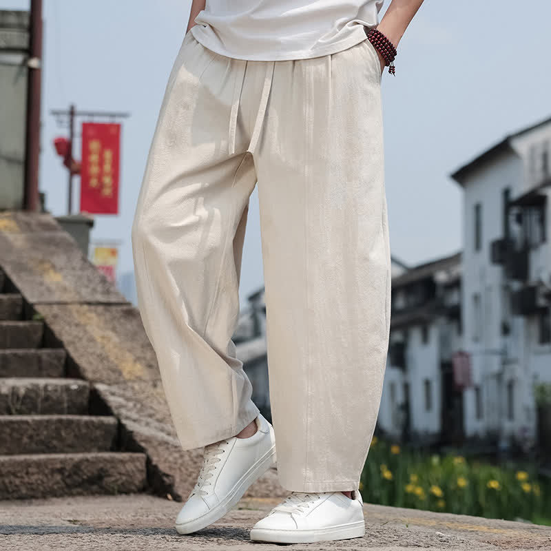 Buddha Stones Pantaloni lunghi estivi casual minimalisti con coulisse in cotone tinta unita da uomo, modello harem con tasca - image 37