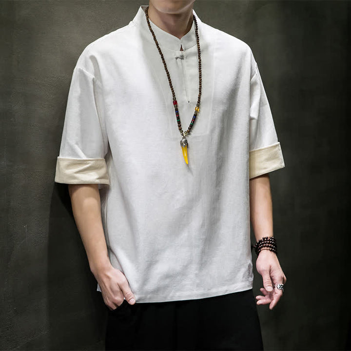 Buddha Stones Camicia da uomo a maniche corte, tinta unita, stile Tang estivo, con colletto alla coreana. - Bianco - US/UK/AU46, EU56 (5XL) - image 14