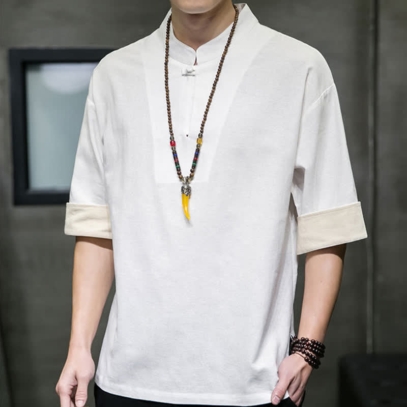 Buddha Stones Camicia da uomo a maniche corte, tinta unita, stile Tang estivo, con colletto alla coreana. - image 17