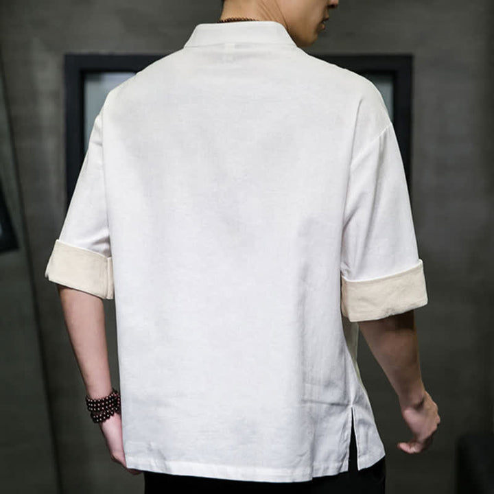 Buddha Stones Camicia da uomo a maniche corte, tinta unita, stile Tang estivo, con colletto alla coreana. - image 18