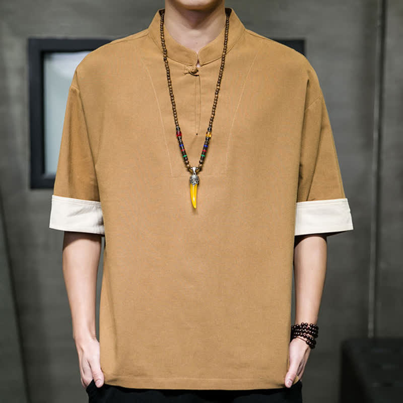 Buddha Stones Camicia da uomo a maniche corte, tinta unita, stile Tang estivo, con colletto alla coreana. - Perù - US/UK/AU46, EU56 (5XL) - image 10