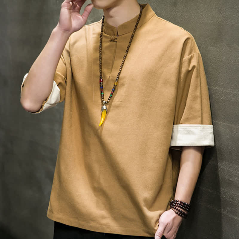 Buddha Stones Camicia da uomo a maniche corte, tinta unita, stile Tang estivo, con colletto alla coreana. - image 13