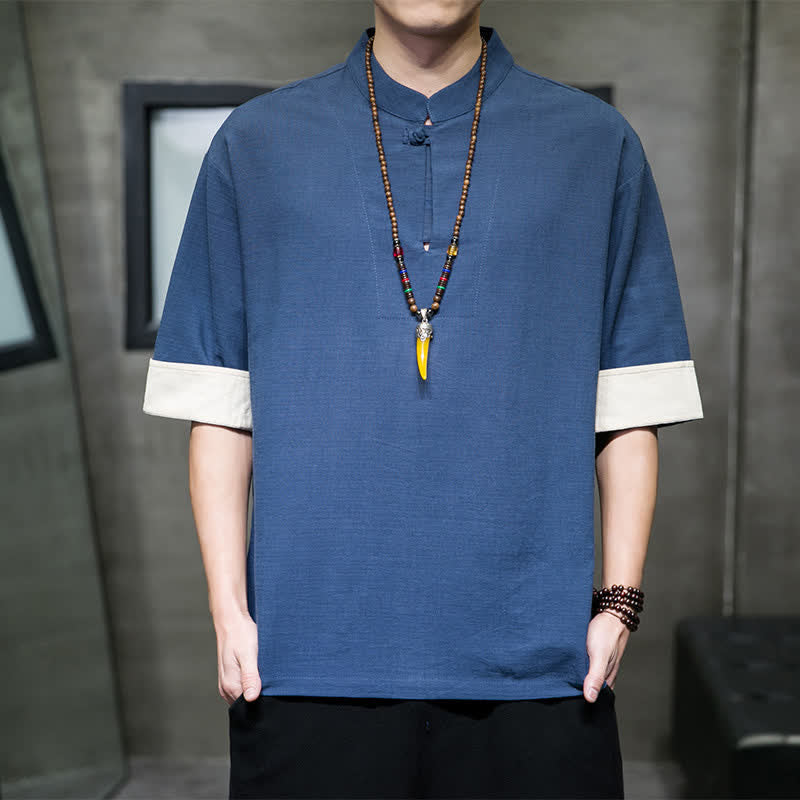 Buddha Stones Camicia da uomo a maniche corte, tinta unita, stile Tang estivo, con colletto alla coreana. - SteelBlue - US/UK/AU46, EU56 (5XL) - image 0