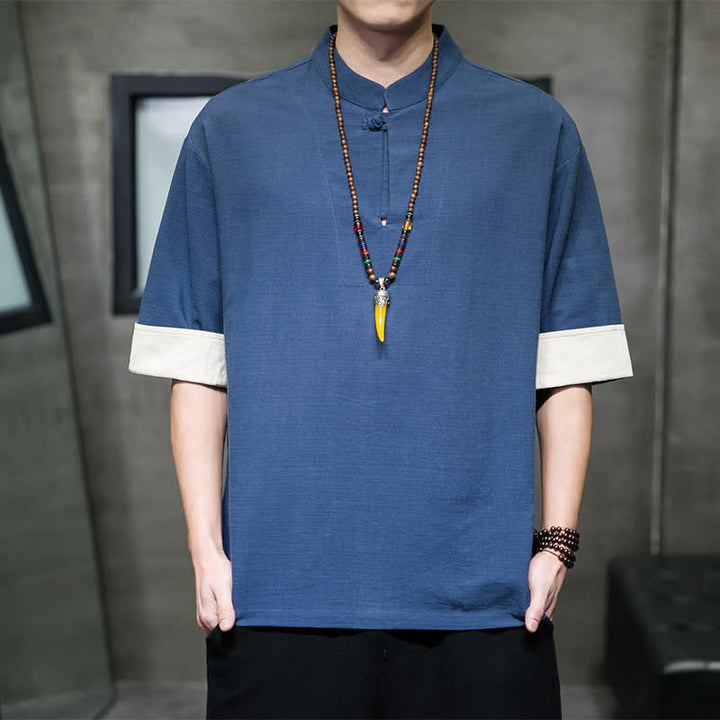 Buddha Stones Camicia da uomo a maniche corte, tinta unita, stile Tang estivo, con colletto alla coreana. - SteelBlue - US/UK/AU46, EU56 (5XL) - image 0