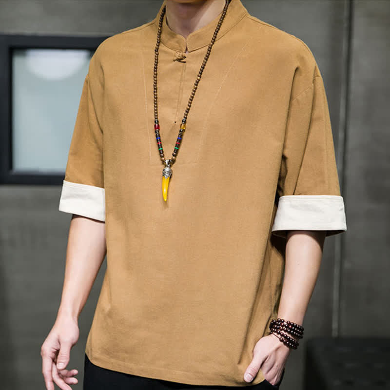 Buddha Stones Camicia da uomo a maniche corte, tinta unita, stile Tang estivo, con colletto alla coreana. - image 12