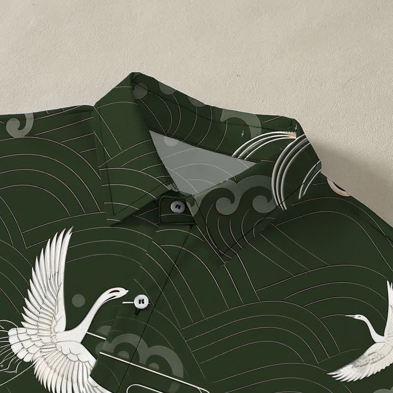 Buddha Stones Camicia da uomo a maniche corte traspirante con bottoni e motivo a onde e nuvole, con stampa gru. - image 7
