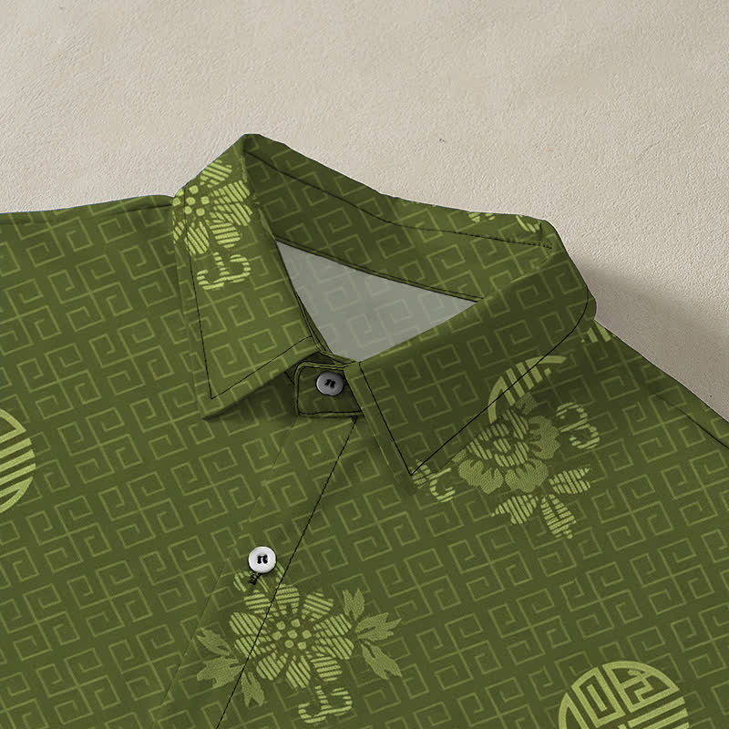 Buddha Stones Camicia da uomo a maniche corte traspirante con bottoni e motivo a medaglione floreale geometrico. - image 7