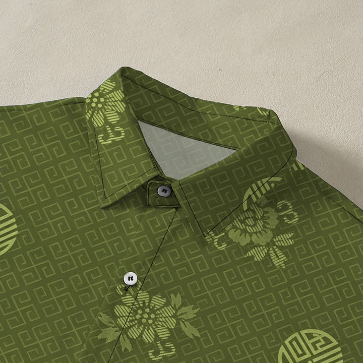 Buddha Stones Camicia da uomo a maniche corte traspirante con bottoni e motivo a medaglione floreale geometrico. - image 7
