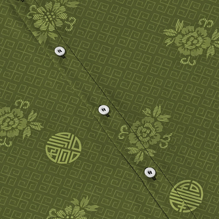 Buddha Stones Camicia da uomo a maniche corte traspirante con bottoni e motivo a medaglione floreale geometrico. - image 8