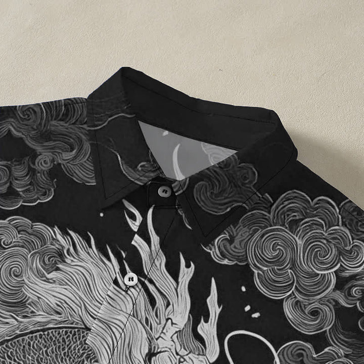 Buddha Stones Camicia da uomo a maniche corte con bottoni a fantasia drago dorato e nuvole, resistente alle pieghe. - image 7