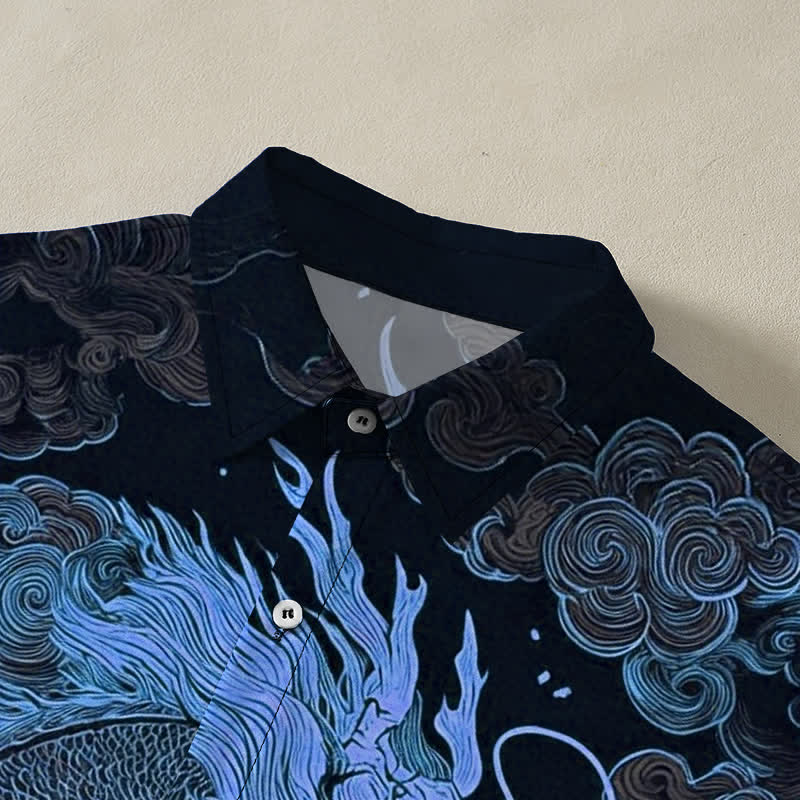 Buddha Stones Camicia da uomo a maniche corte con bottoni a fantasia drago dorato e nuvole, resistente alle pieghe. - image 12