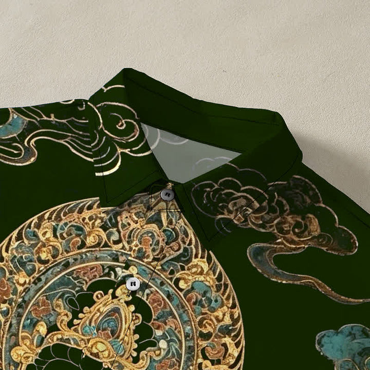 Buddha Stones Camicia da uomo a maniche corte con bottoni a forma di nuvola e motivo Buddha dorato, resistente alle pieghe. - image 7