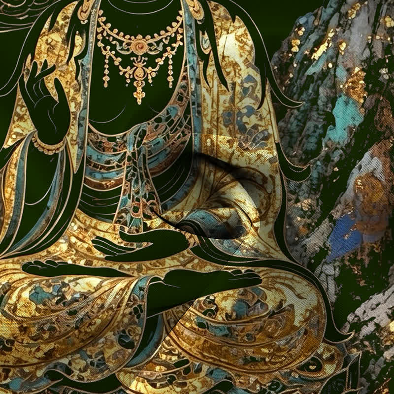 Buddha Stones Camicia da uomo a maniche corte con bottoni a forma di nuvola e motivo Buddha dorato, resistente alle pieghe. - image 9