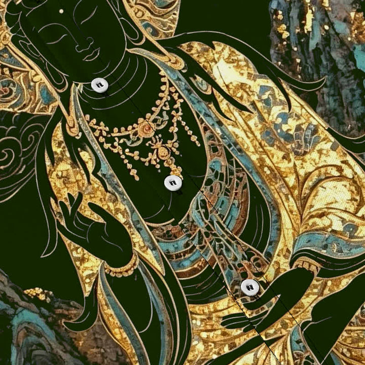 Buddha Stones Camicia da uomo a maniche corte con bottoni a forma di nuvola e motivo Buddha dorato, resistente alle pieghe. - image 8