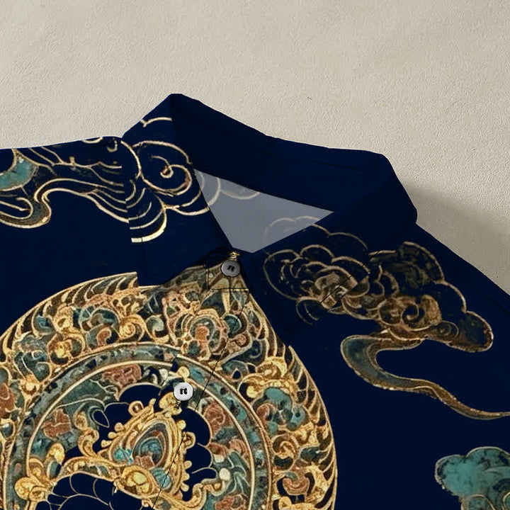 Buddha Stones Camicia da uomo a maniche corte con bottoni a forma di nuvola e motivo Buddha dorato, resistente alle pieghe. - image 12