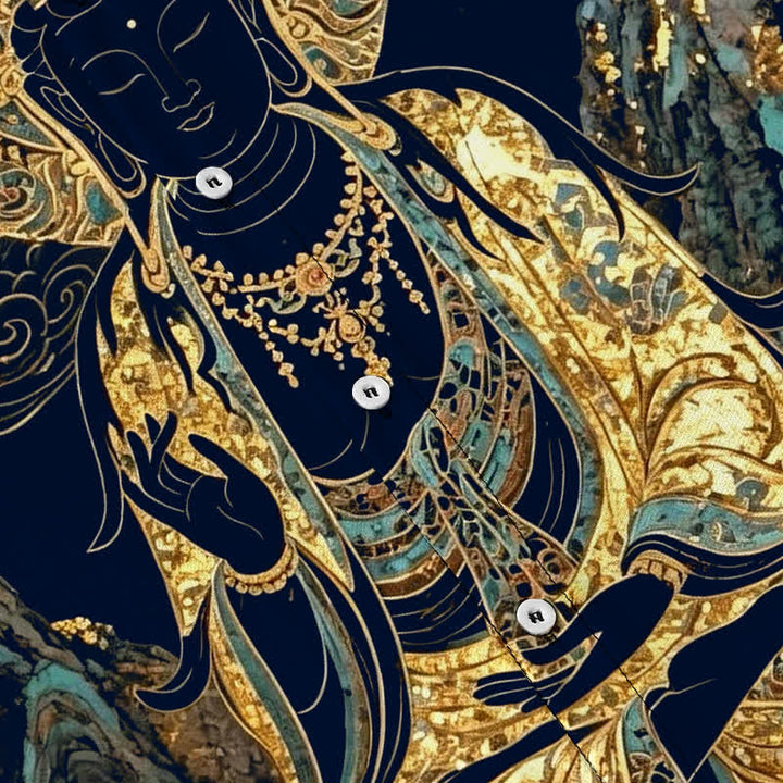 Buddha Stones Camicia da uomo a maniche corte con bottoni a forma di nuvola e motivo Buddha dorato, resistente alle pieghe. - image 13
