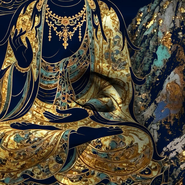 Buddha Stones Camicia da uomo a maniche corte con bottoni a forma di nuvola e motivo Buddha dorato, resistente alle pieghe. - image 14