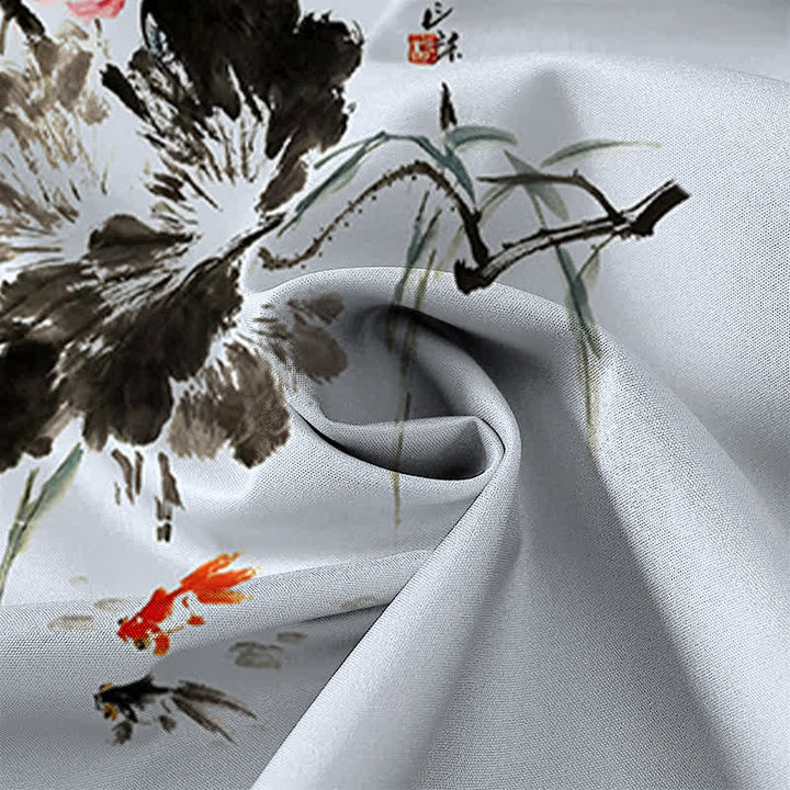 Buddha Stones Camicia da uomo a maniche corte traspirante con bottoni e motivo a pesci koi e loto di inchiostro. - image 8