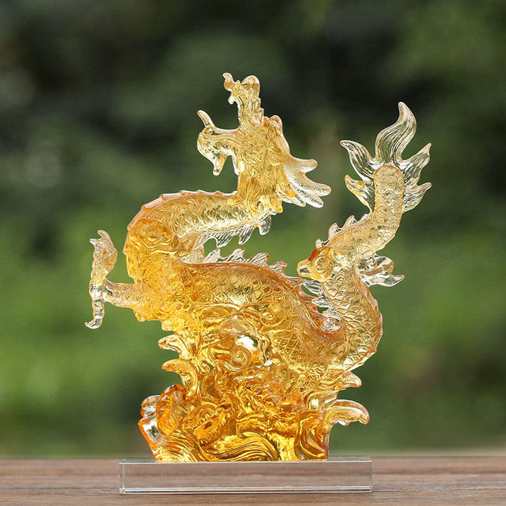 Buddha Stones fatte a mano Zodiaco cinese Drago giallo Liuli Cristallo Pezzo d'arte Fortuna Protezione Decorazione per casa e ufficio
