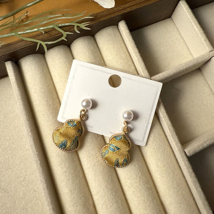 Buddha Stones Orecchini pendenti a perno fatti a mano con perle e zucca in broccato Song Brocade, effetto curativo. - Verga d'oro (stessa tonalità di colore, motivo variabile) - image 4