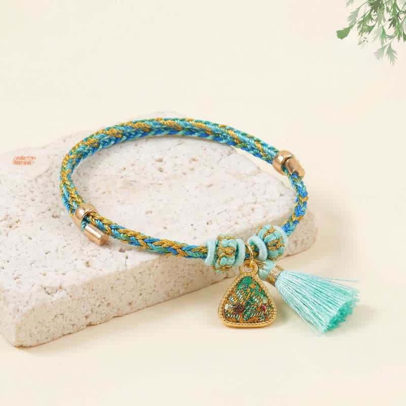 Buddha Stones Braccialetto con ciondolo a forma di zucca e cordino a cinque colori intrecciato a mano, verde Song, broccato Zongzi, mela, borsa porta soldi, lucchetto cinese, ciondolo - Zongzi (stessa tonalità di colore, motivo variabile) - image 0