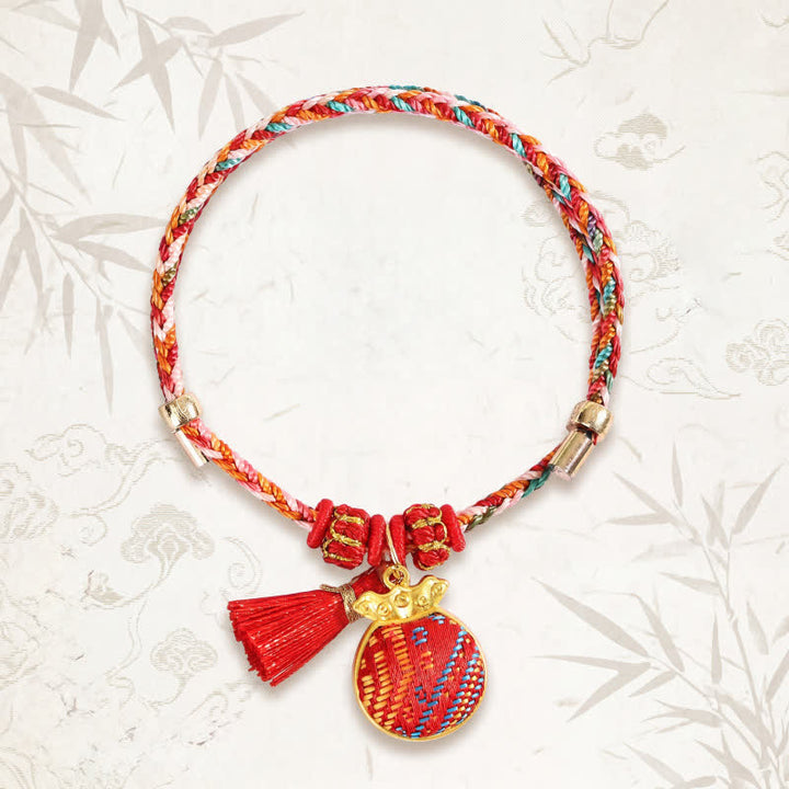 Buddha Stones Braccialetto intrecciato Zongzi con ciondolo a lucchetto cinese, sacchetto portafortuna a cinque colori, broccato rosso Song, mela, zucca e sacchetto di denaro, fatto a mano. - Borsa portamonete (stessa tonalità di colore, fantasia variabile) - image 5