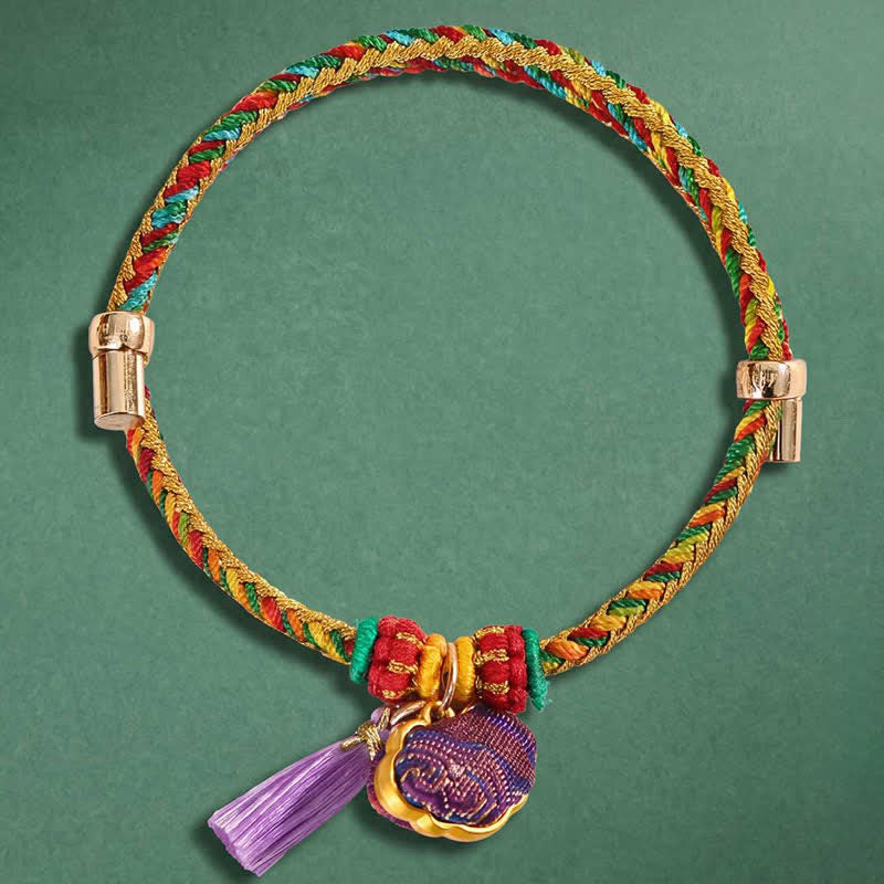 Buddha Stones Bracciale regolabile con cordino intrecciato a cinque colori, broccato viola Song, ciondolo a lucchetto cinese, borsa porta soldi a forma di mela e zucca Zongzi. - image 1