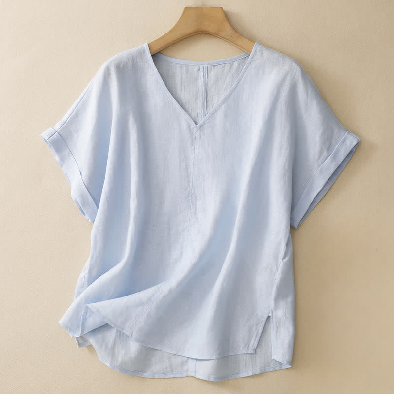 Buddha Stones T-shirt da donna a maniche corte, stile casual estivo, minimalista, con spacco laterale e scollo a V, tinta unita. - Azzurro polvere - US8-10, UK/AU12-14, EU40-42 (2XL) - image 0