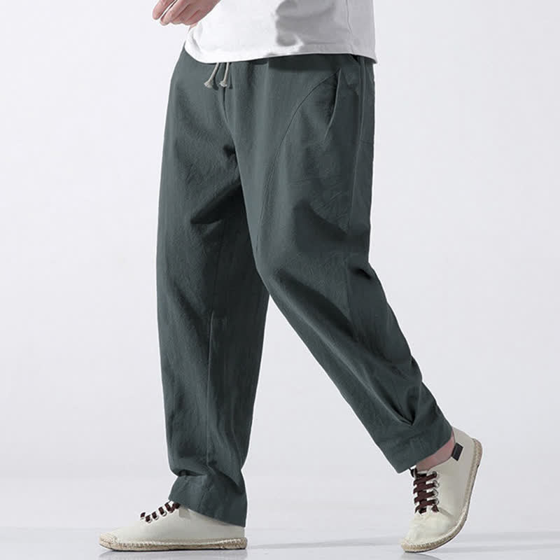 Buddha Stones Pantaloni corti da uomo estivi casual e minimalisti in cotone tinta unita con coulisse, modello harem con tasca. - image 1