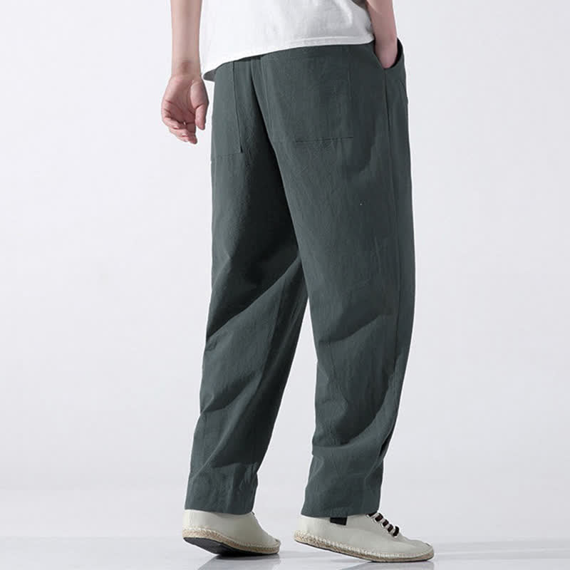 Buddha Stones Pantaloni corti da uomo estivi casual e minimalisti in cotone tinta unita con coulisse, modello harem con tasca. - image 4