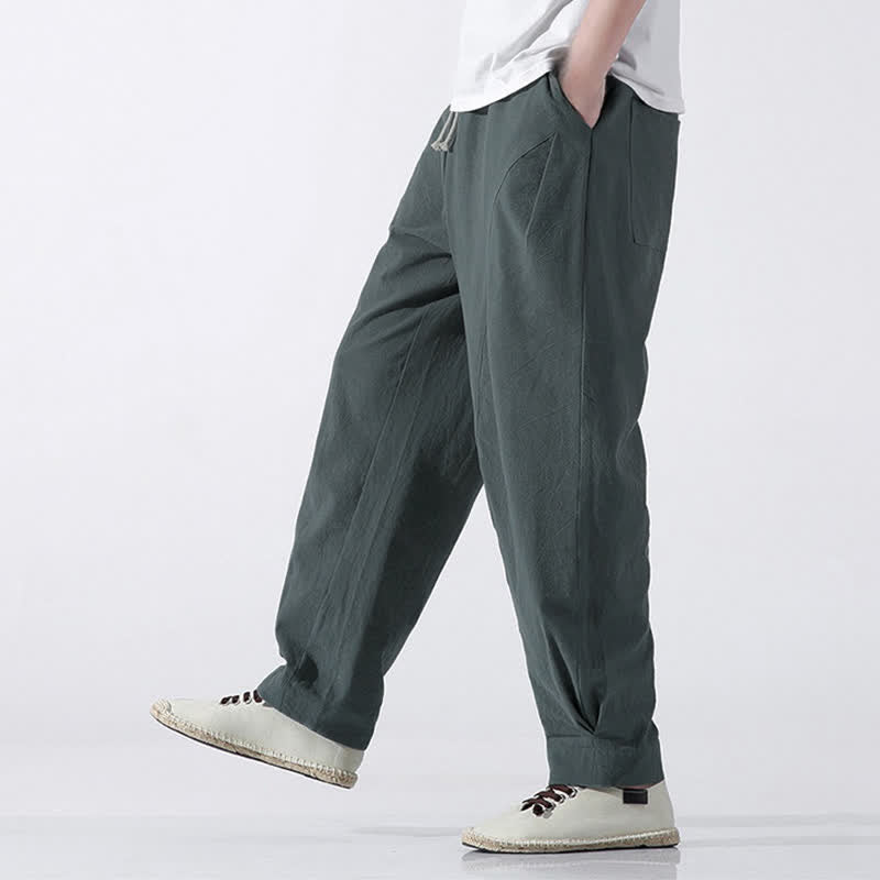 Buddha Stones Pantaloni corti da uomo estivi casual e minimalisti in cotone tinta unita con coulisse, modello harem con tasca. - image 6