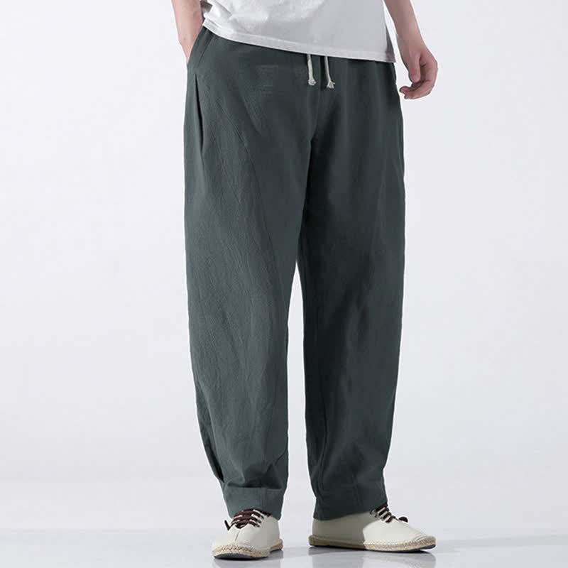 Buddha Stones Pantaloni corti da uomo estivi casual e minimalisti in cotone tinta unita con coulisse, modello harem con tasca. - image 5