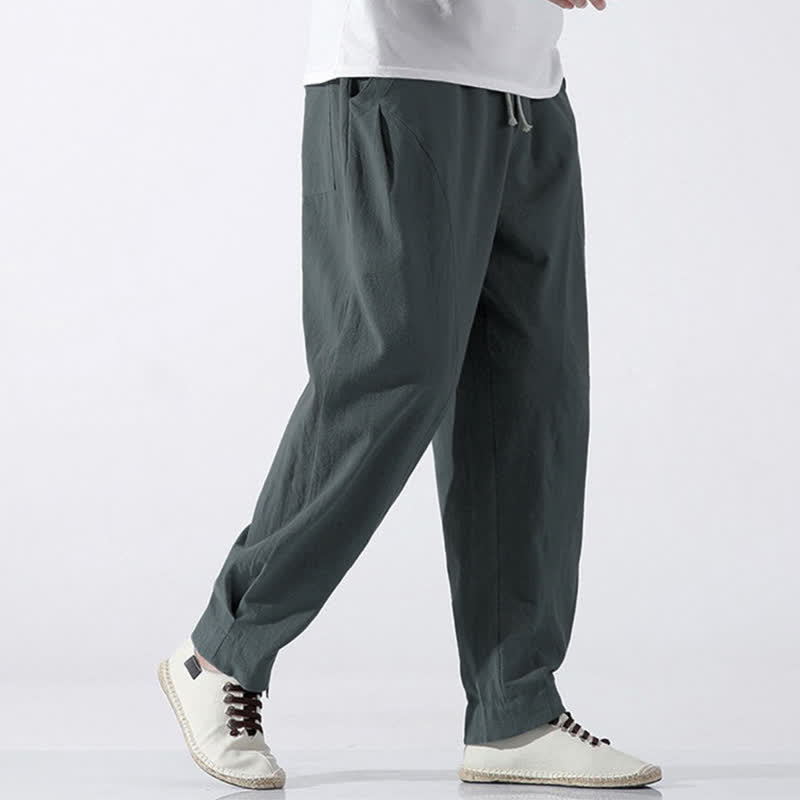 Buddha Stones Pantaloni corti da uomo estivi casual e minimalisti in cotone tinta unita con coulisse, modello harem con tasca. - image 3