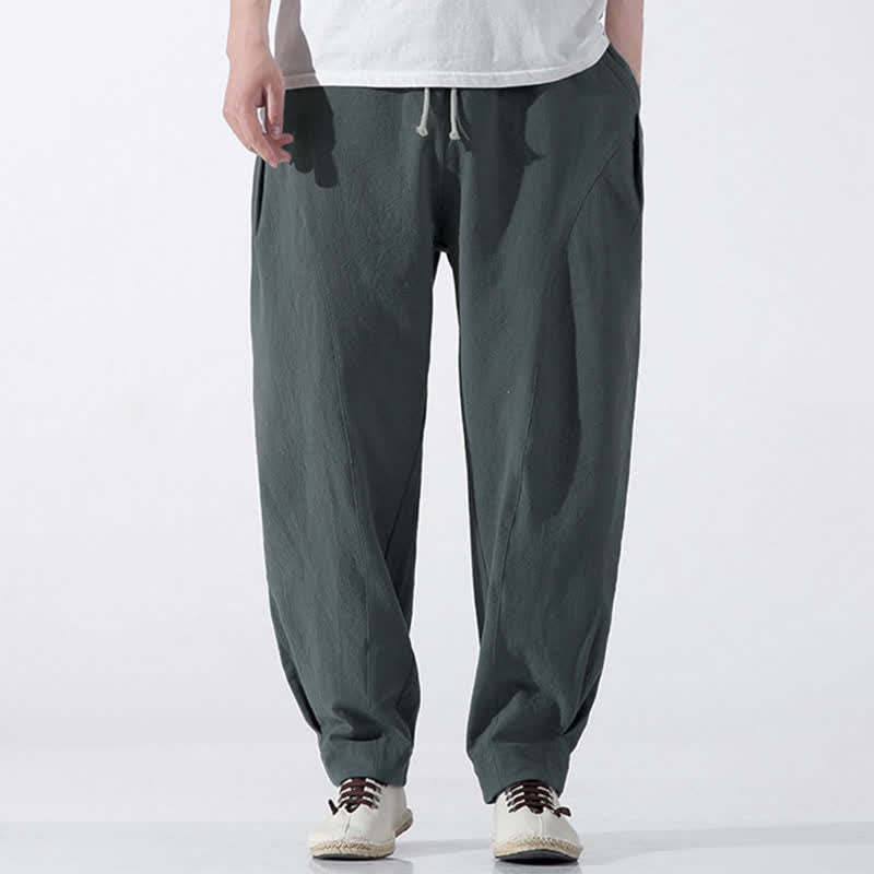 Buddha Stones Pantaloni corti da uomo estivi casual e minimalisti in cotone tinta unita con coulisse, modello harem con tasca. - image 2
